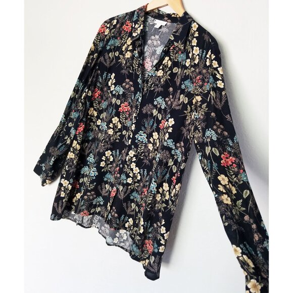 J. Jill Black Botanical Floral Button Front Shirt Blouse Tunic Long Sleeves M - Picture 11 of 15